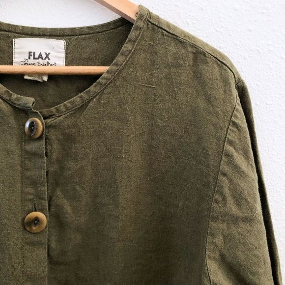 FLAX Green Olive Long Sleeve Linen Buttoned Blouse Size XL - Picture 5 of 9